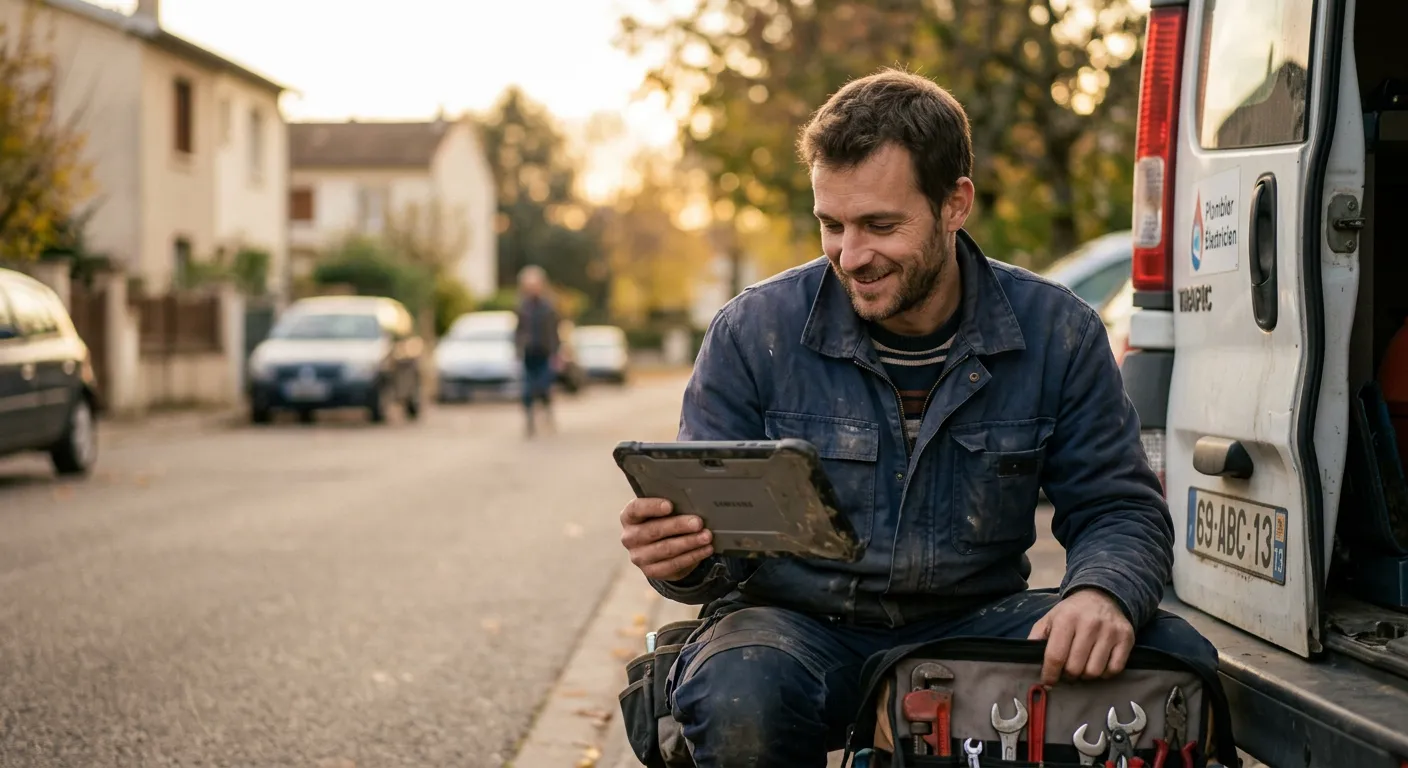 Un plombier indépendant consulte une tablette devant son véhicule